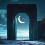 Cancer New Moon appears in a portal on a twilight ocean beach.