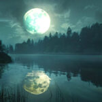 Bright Taurus Full Moon reflects in a lake surrounded by forest.