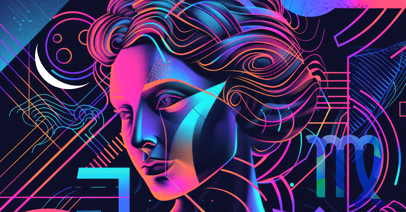 Virgo New Moon - young woman's face peering into abstract melange of signs and sigils including a new moon crescent and the sigil for the sun sign Virgo.