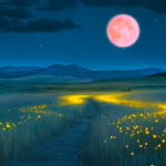 Pisces Full Moon Eclipse - Pink Pisces full moon shining on a mountain meadow and a glowing path forward.