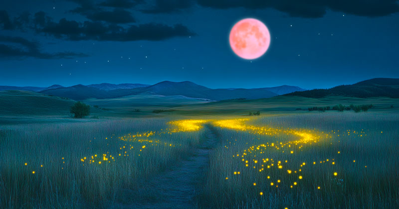 Pisces Full Moon Eclipse - Pink Pisces full moon shining on a mountain meadow and a glowing path forward.
