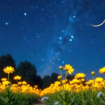 Virgo New Moon, September 2025, field of yellow flowers under clear night sky with new moon crescent.