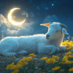 Pisces New Moon, Sun in Aries, a newly born lamb, filled with the unmarred potential of new life, basks in a field of yellow flowers under the new moon.