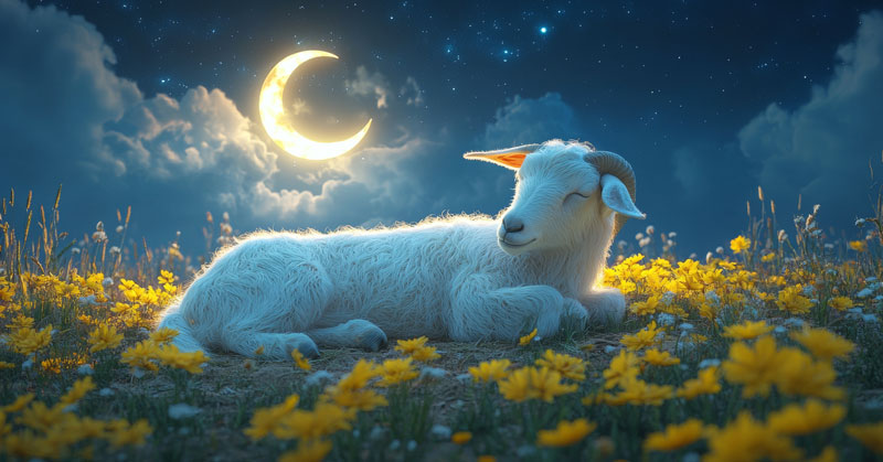 Pisces New Moon, Sun in Aries, a newly born lamb, filled with the unmarred potential of new life, basks in a field of yellow flowers under the new moon.