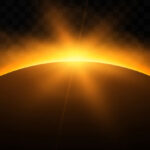A bright orange sun rises over the horizon against a dark, transparent background, with glowing rays and a misty light effect, evoking the vibrant energy of Solar Power.