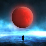 A person stands on a misty landscape facing a large red moon—evocative of the 2026 Pisces Full Moon Eclipse—in a dark blue sky, surrounded by swirling fog and light that hints at volatility in the air.